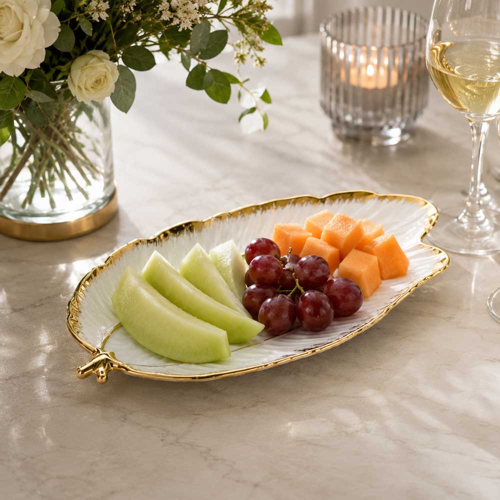 White & Gold Porcelain Leaf Platter