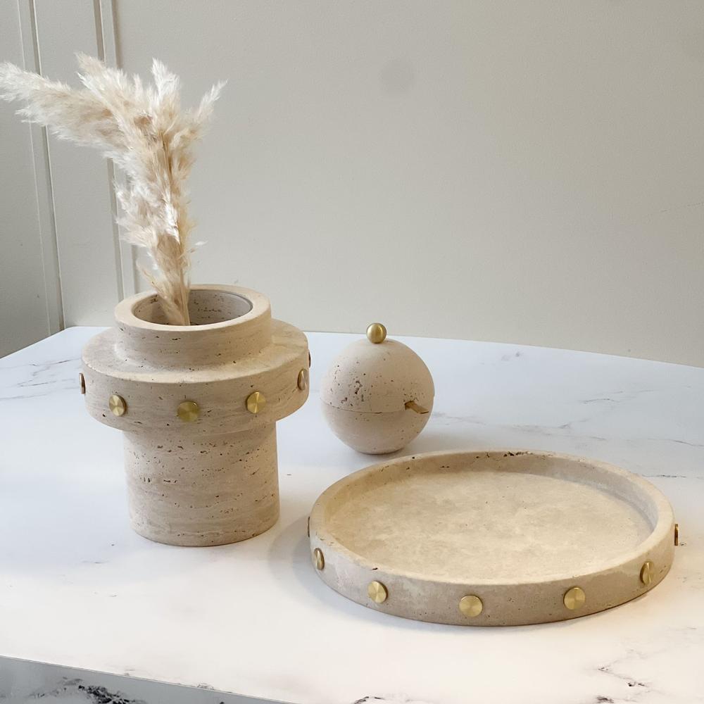 Travertine Round Tray with Gold Studs