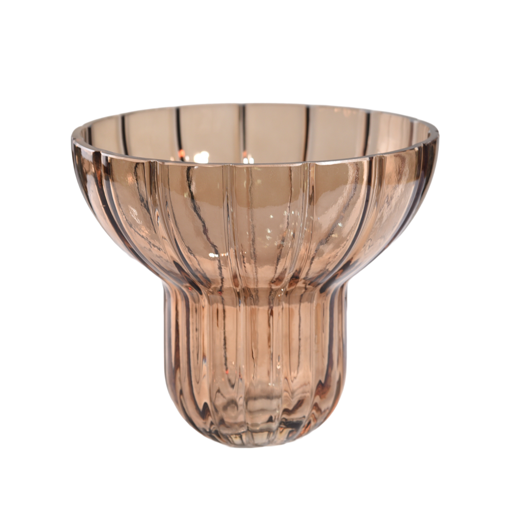 Wide Neck Amber Ribbed Vase