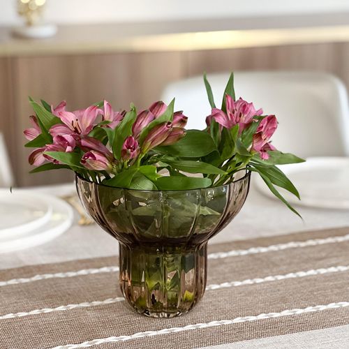 Wide Neck Amber Ribbed Vase