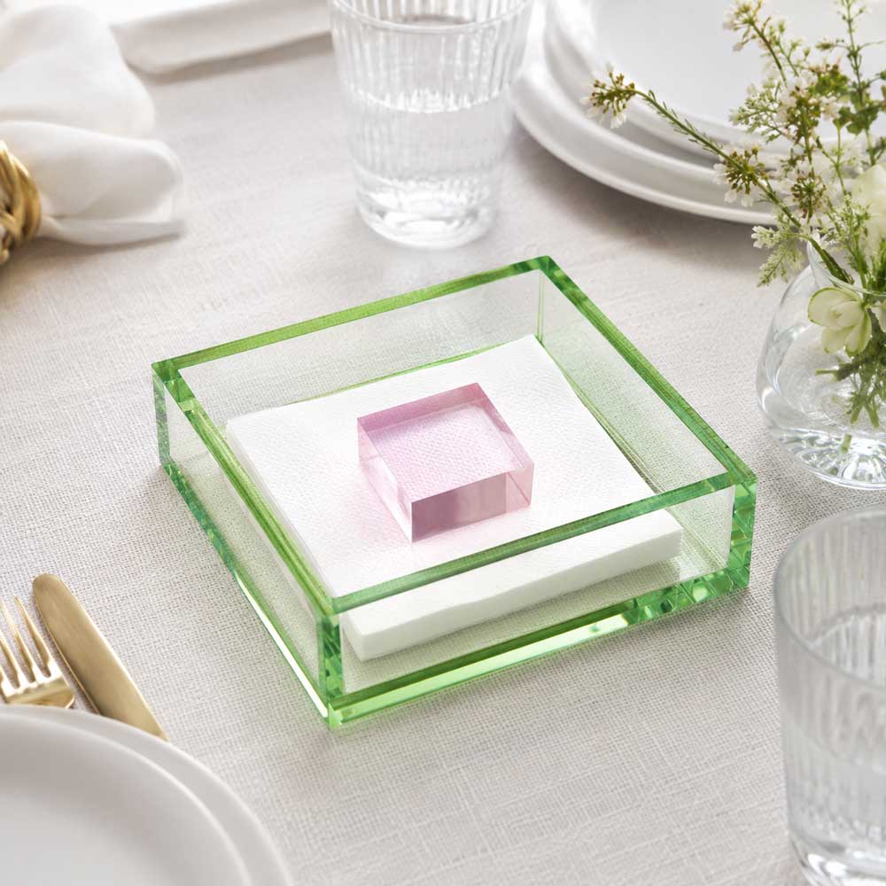 Green Lucite Napkin Holder with Pink Block Weight