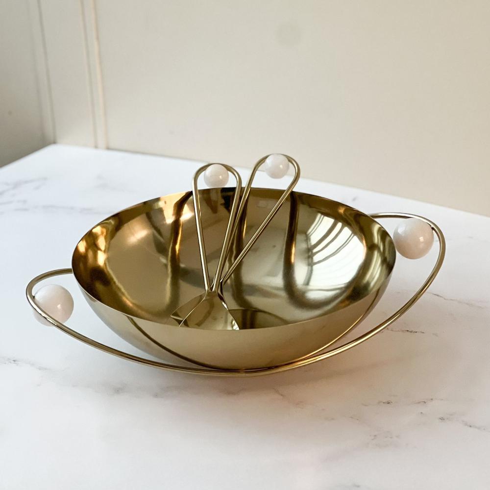 Stainless Steel Salad Bowl with Gold Handles and Balls