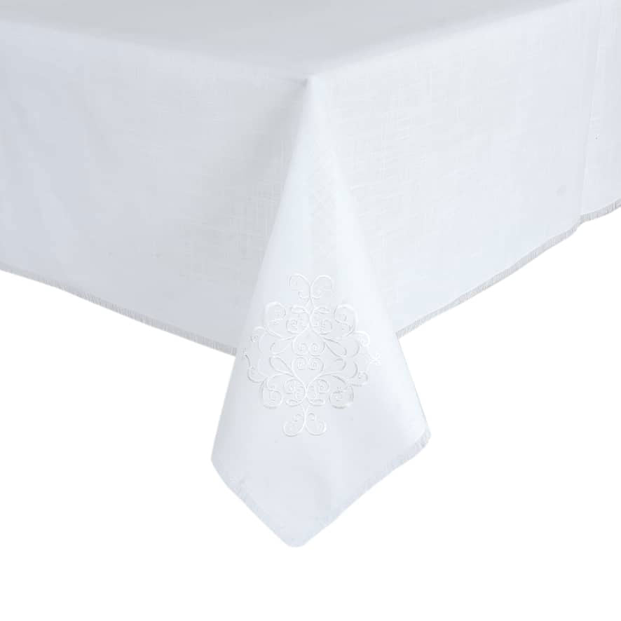 Whisper Weave Tablecloth With White Filigree Design