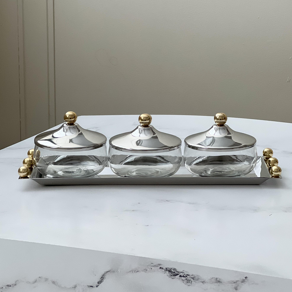 Stainless Steel Dip Tray & Bowls with Gold Balls