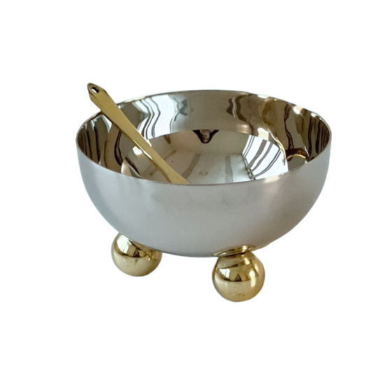 Stainless Steel Salt Bowl with Gold Balls and Spoon