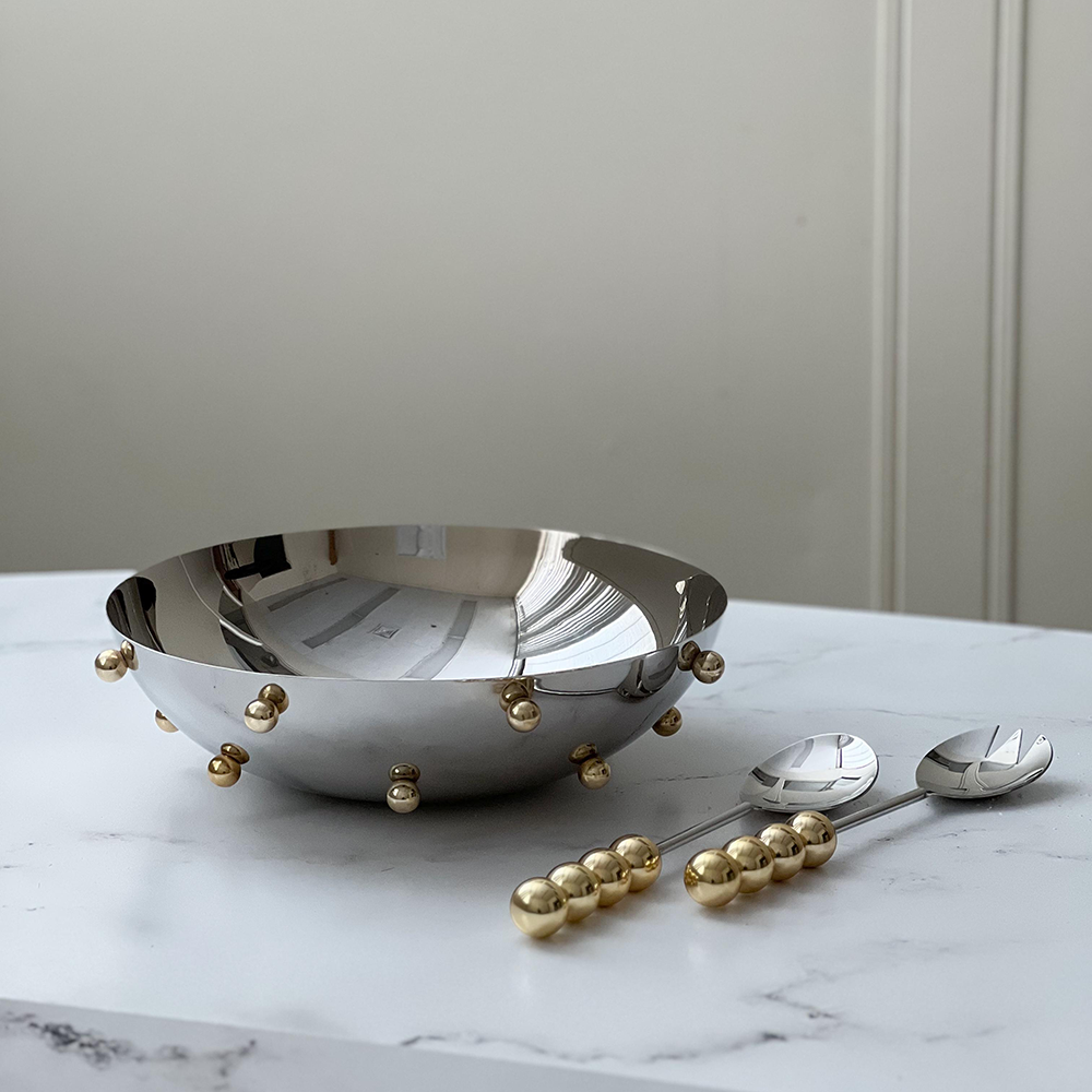 Stainless Steel Salad Server With Gold Balls