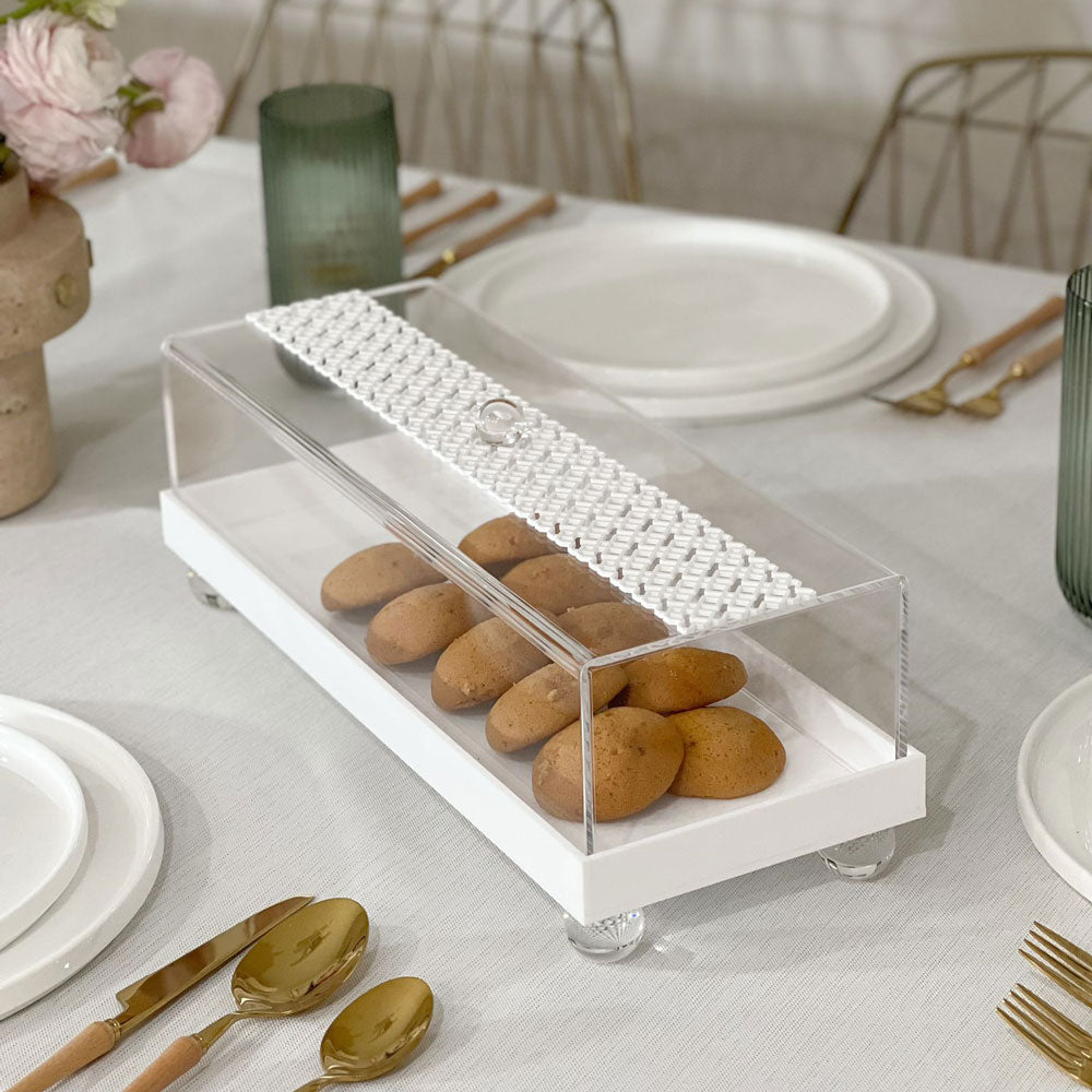 Lucite White Laser Cut Rectangle Cake Dome