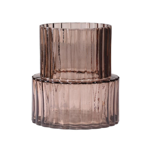 Wide Neck Short Amber Ribbed Glass Vase