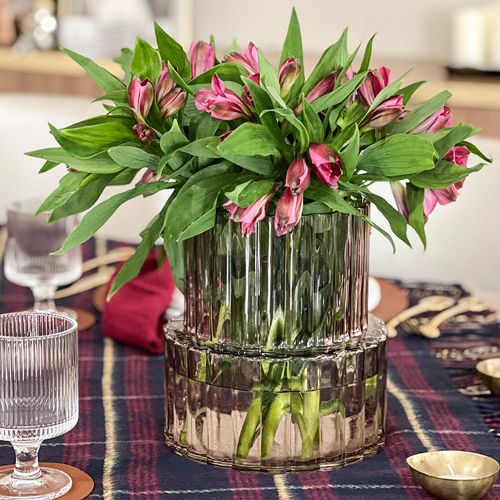 Wide Neck Short Amber Ribbed Glass Vase