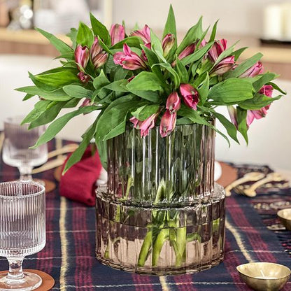 Wide Neck Short Amber Ribbed Glass Vase