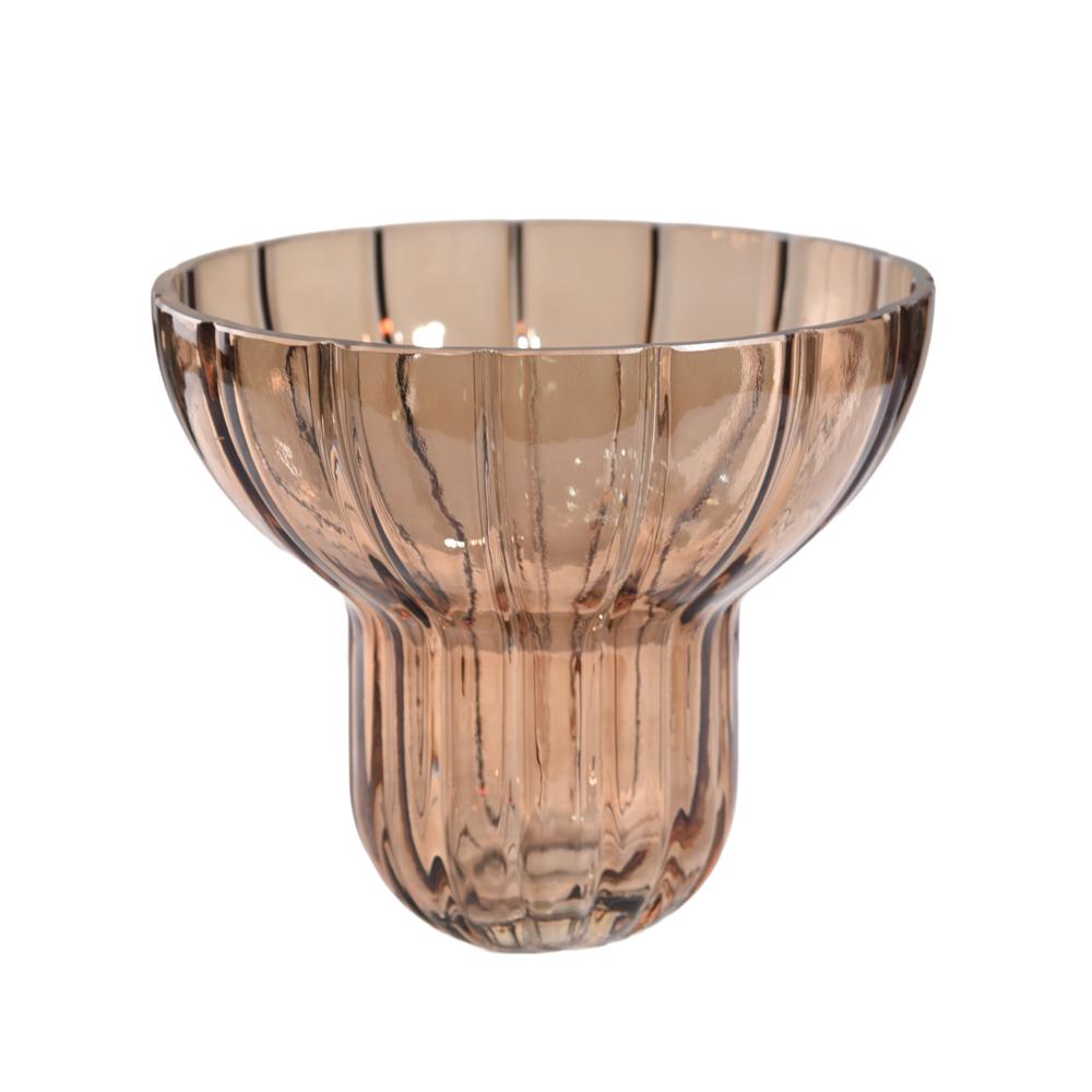 Wide Neck Amber Ribbed Vase