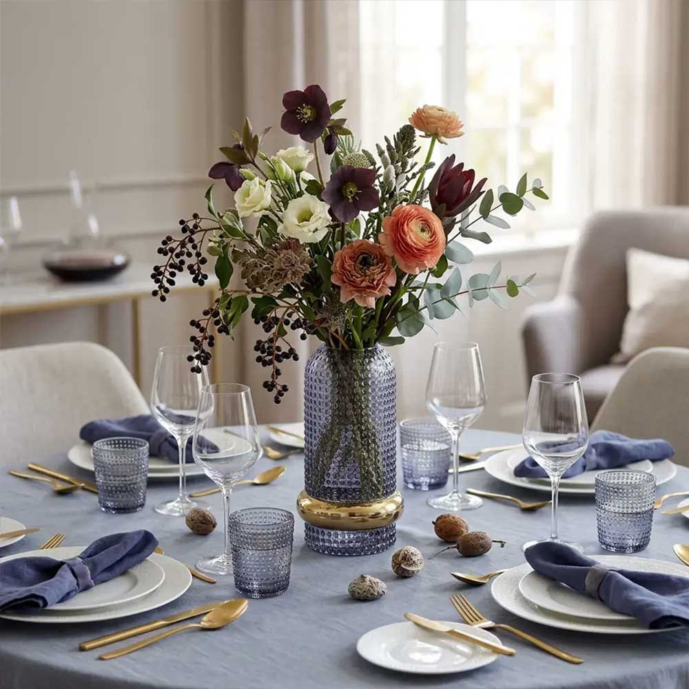 Blue Glass Hammered Vase with Gold Band