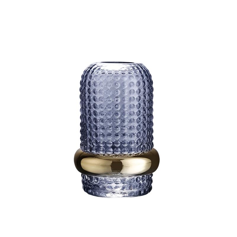 Blue Glass Hammered Vase with Gold Band