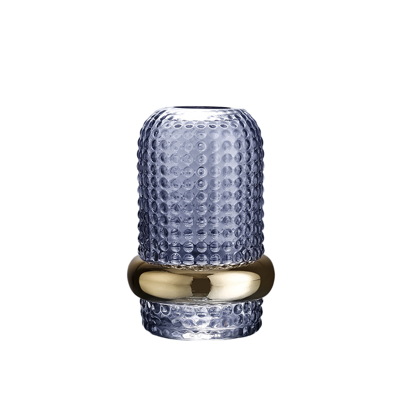 Blue Glass Hammered Vase with Gold Band