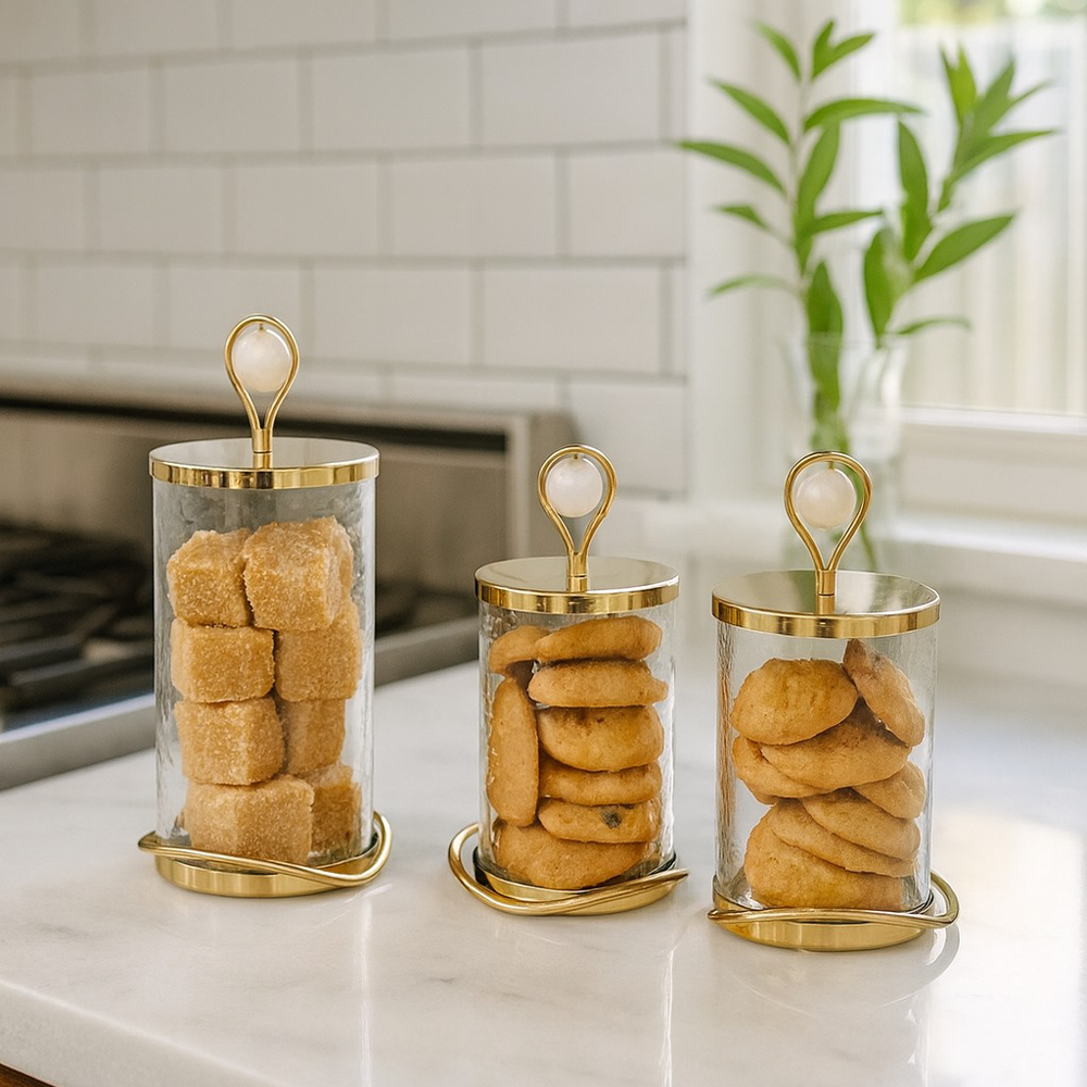 Elegant Glass Cookie Jar With Gold Lid and Base