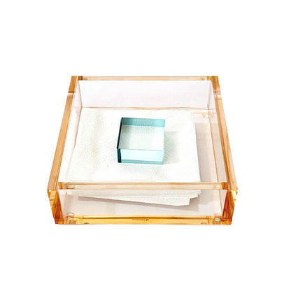 Amber Lucite Napkin Holder with Teal Block Weight