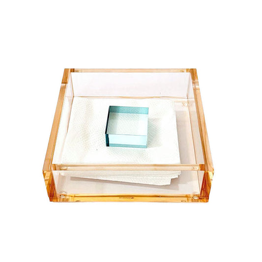 Amber Lucite Napkin Holder with Teal Block Weight