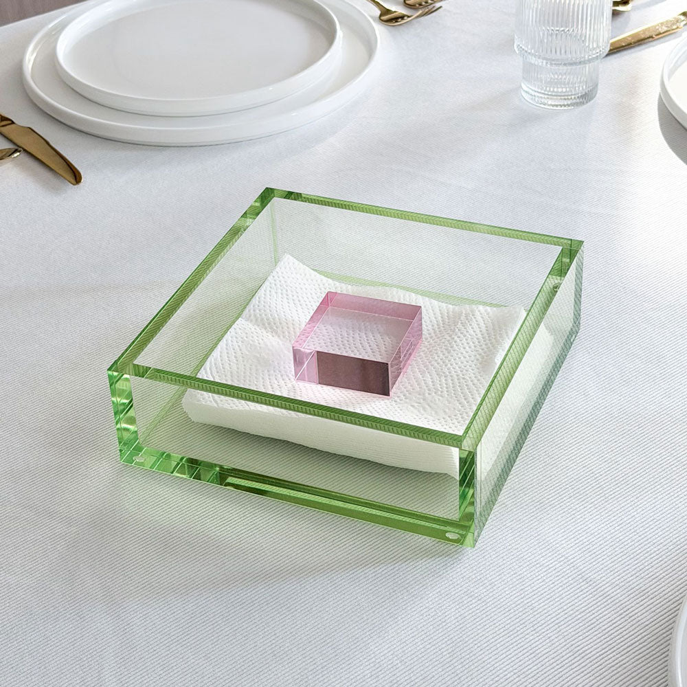 Green Lucite Napkin Holder with Pink Block Weight