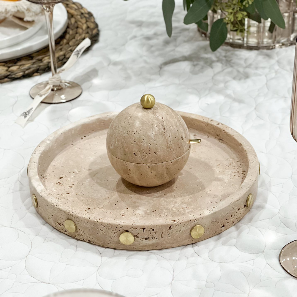Travertine Round Tray with Gold