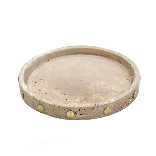 Travertine Round Tray with Gold Studs