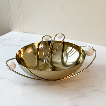 Stainless Steel Serving Bowl with Gold Handles and Balls