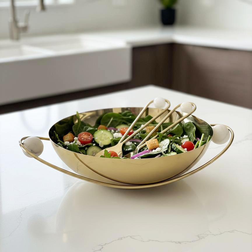Stainless Steel Salad Bowl with Gold Handles and Balls