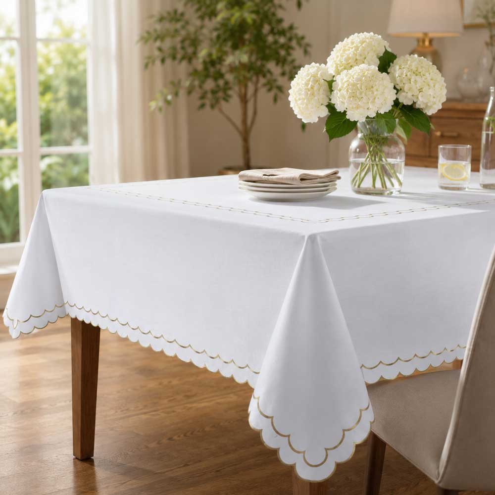Whisper Weave Gold Scalloped Edge Tablecloth