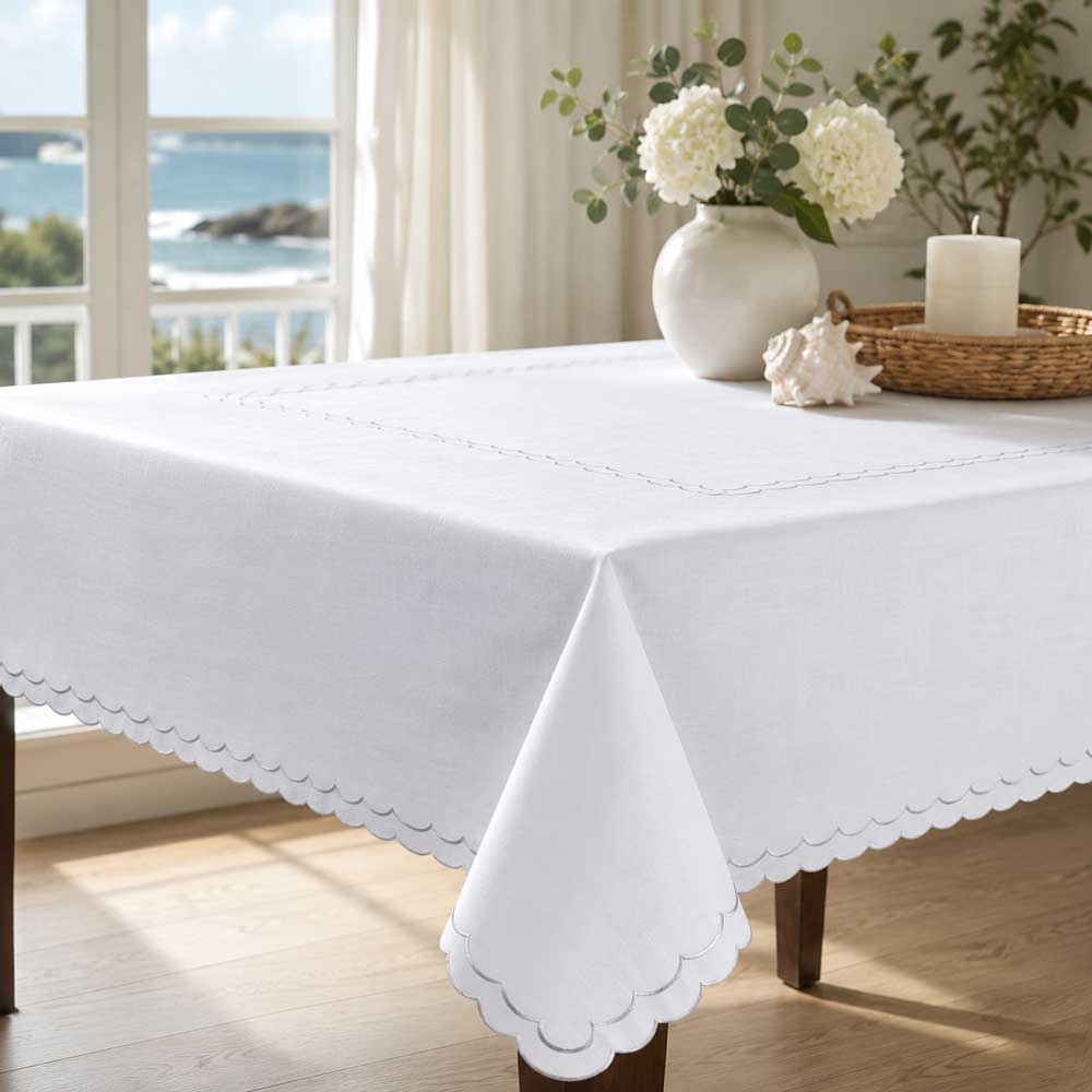 Whisper Weave Silver Scalloped Edge Tablecloth