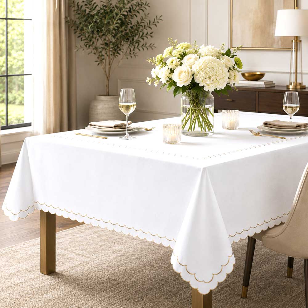Whisper Weave Gold Scalloped Edge Tablecloth