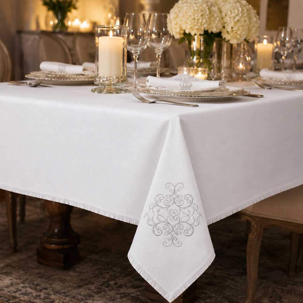 Whisper Weave Tablecloth With Silver Filigree Design