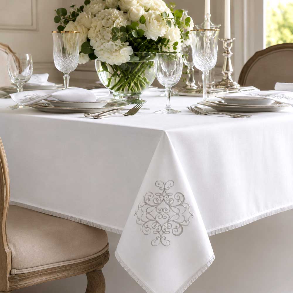 Whisper Weave Tablecloth With Silver Filigree Design