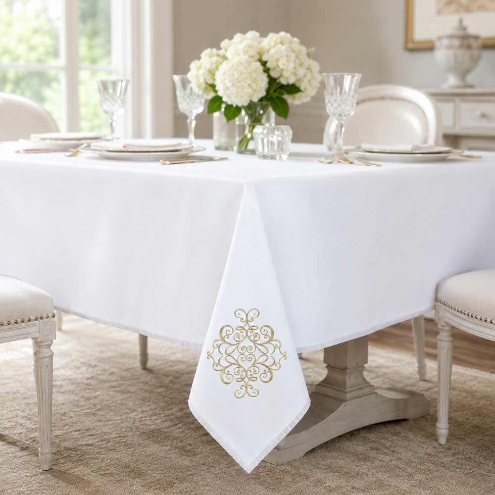 Whisper Weave Tablecloth With Gold Filigree Design