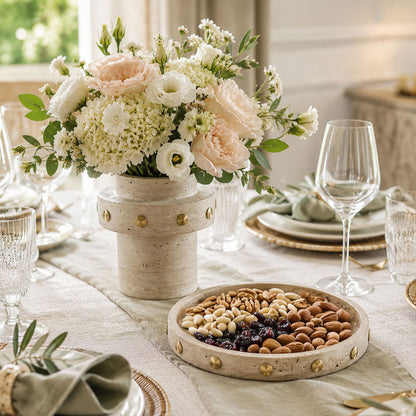 Travertine Round Tray with Gold Studs