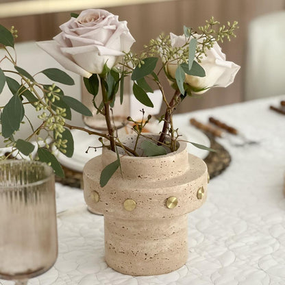 Travertine Vase with Gold Studs