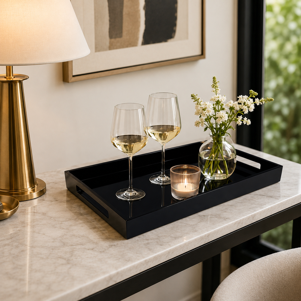 Black Rectangle Lacquered Wood Tray