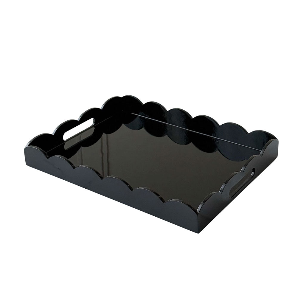 Scalloped Edge Rectangle Lacquered Wood Serving Tray
