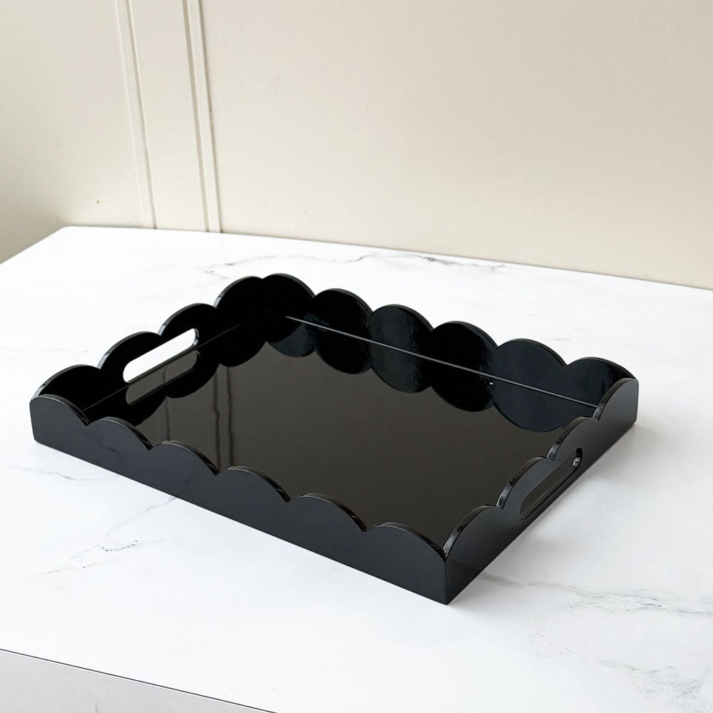 Scalloped Edge Rectangle Lacquered Wood Serving Tray
