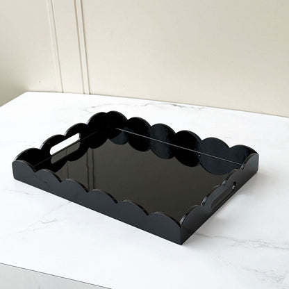 Scalloped Edge Rectangle Lacquered Wood Serving Tray
