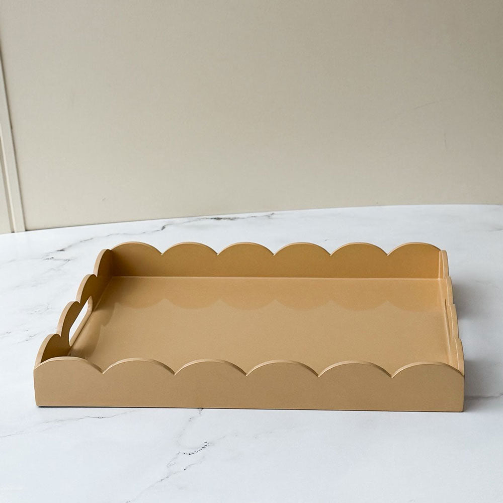 Scalloped Edge Rectangle Lacquered Wood Serving Tray