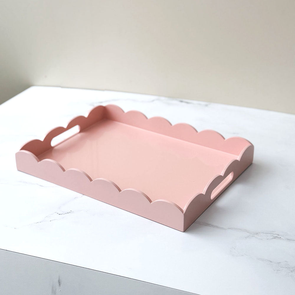 Scalloped Edge Rectangle Lacquered Wood Serving Tray