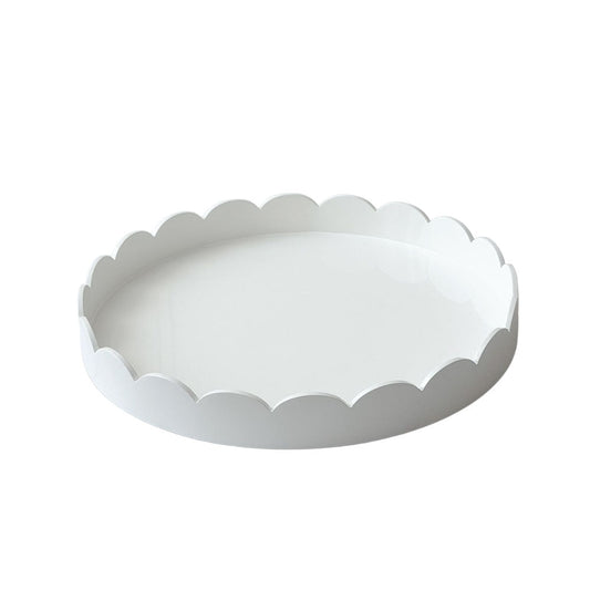 White Scalloped Edge Round Lacquered Wood Tray