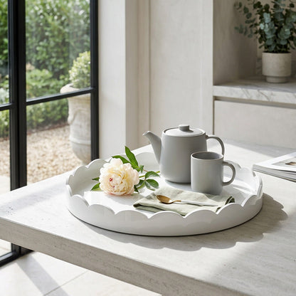 White Scalloped Edge Round Lacquered Wood Tray