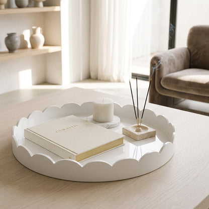 White Scalloped Edge Round Lacquered Wood Tray