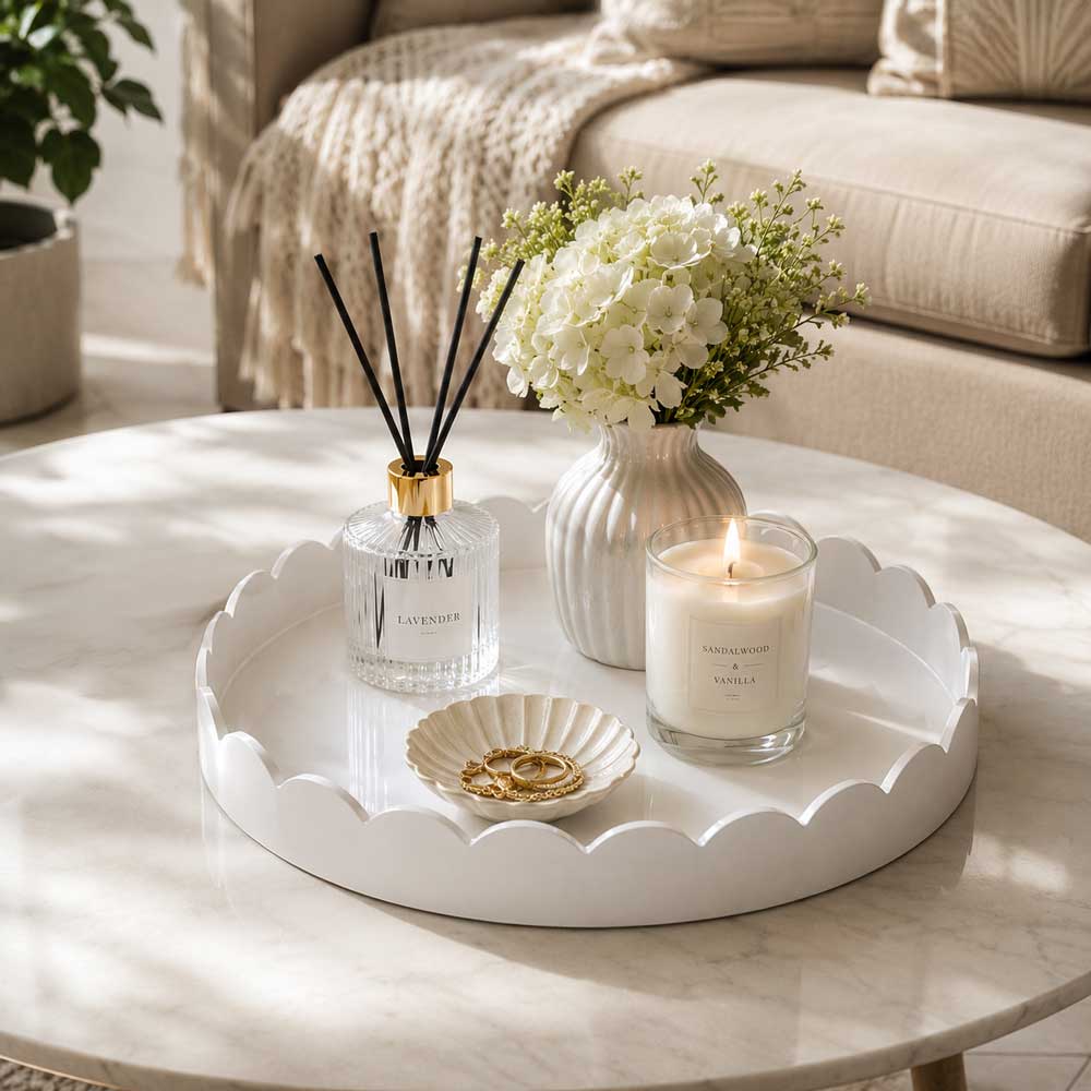 White Scalloped Edge Round Lacquered Wood Tray