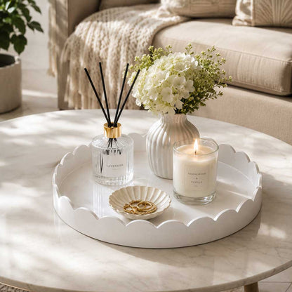 White Scalloped Edge Round Lacquered Wood Tray