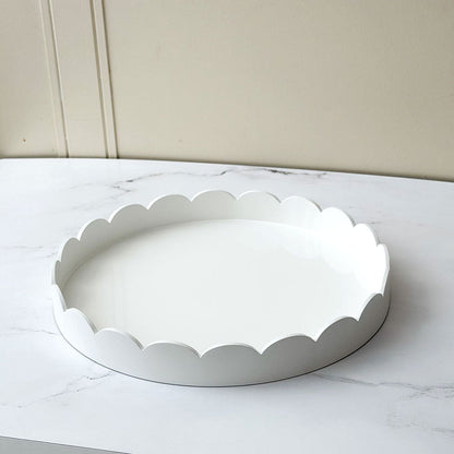 White Scalloped Edge Round Lacquered Wood Tray