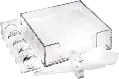Lucite Napkin Holder Set with 6 Napkin Rings